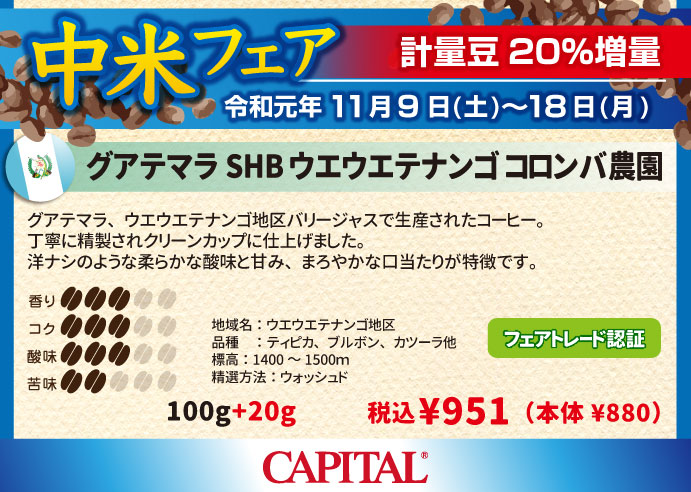 中米産コーヒー20%増量フェア　グアテマラ SHB　ウエウエテナンゴ