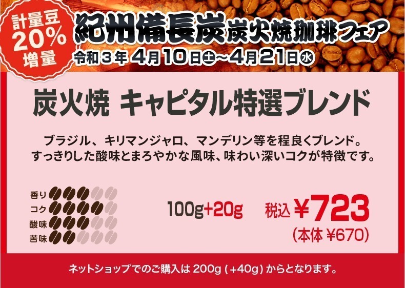 炭火焼キャピタル特選ブレンド　ブラジル、キリマンジャロ、マンデリン等を程よくブレンド。