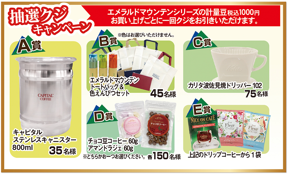 抽選くじキャンペーン A賞35名様 B賞45名様 C賞75名様 D賞150名様 E賞クジがなくなり次第終了